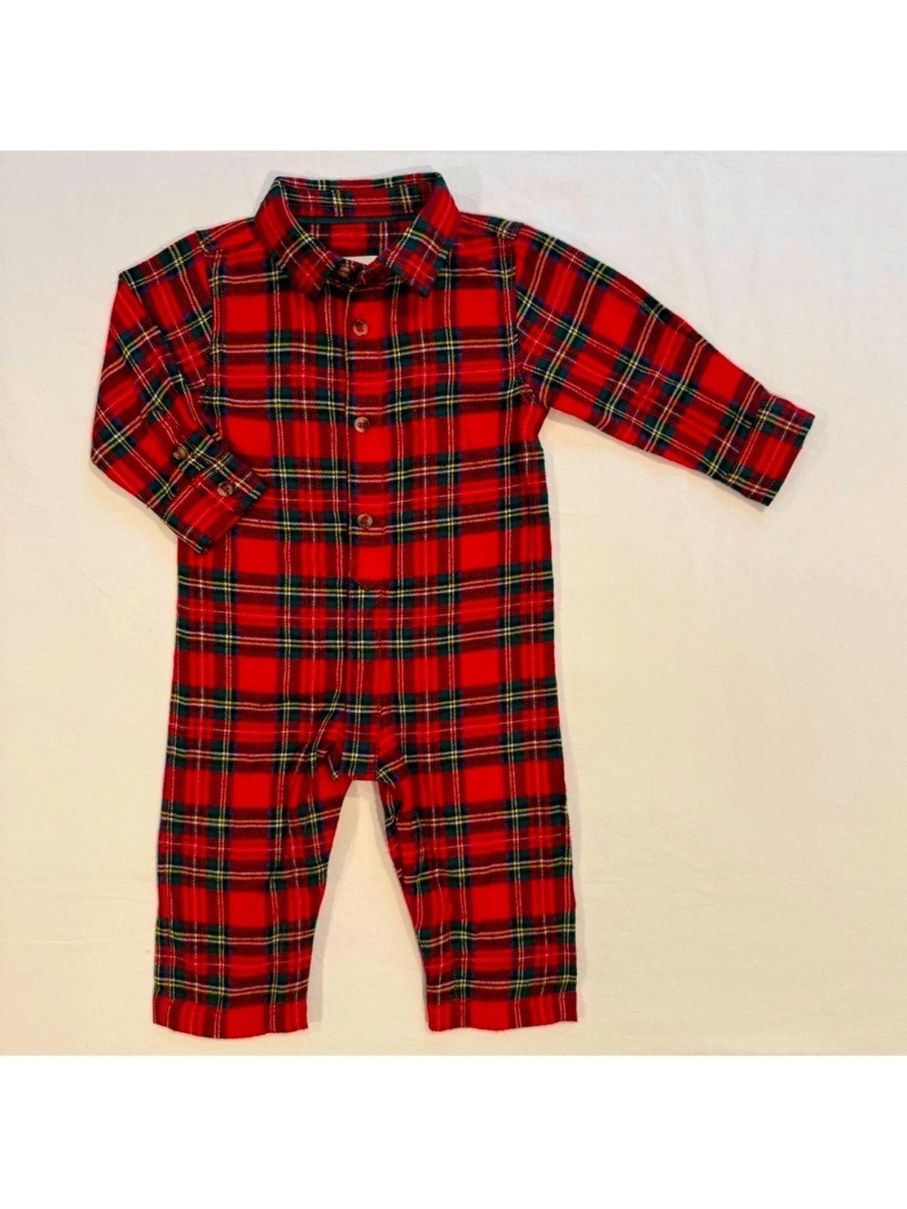 New Hatley Plaid Romper Boys 9-12M Red Cotton Flannel Button Down Christmas Baby